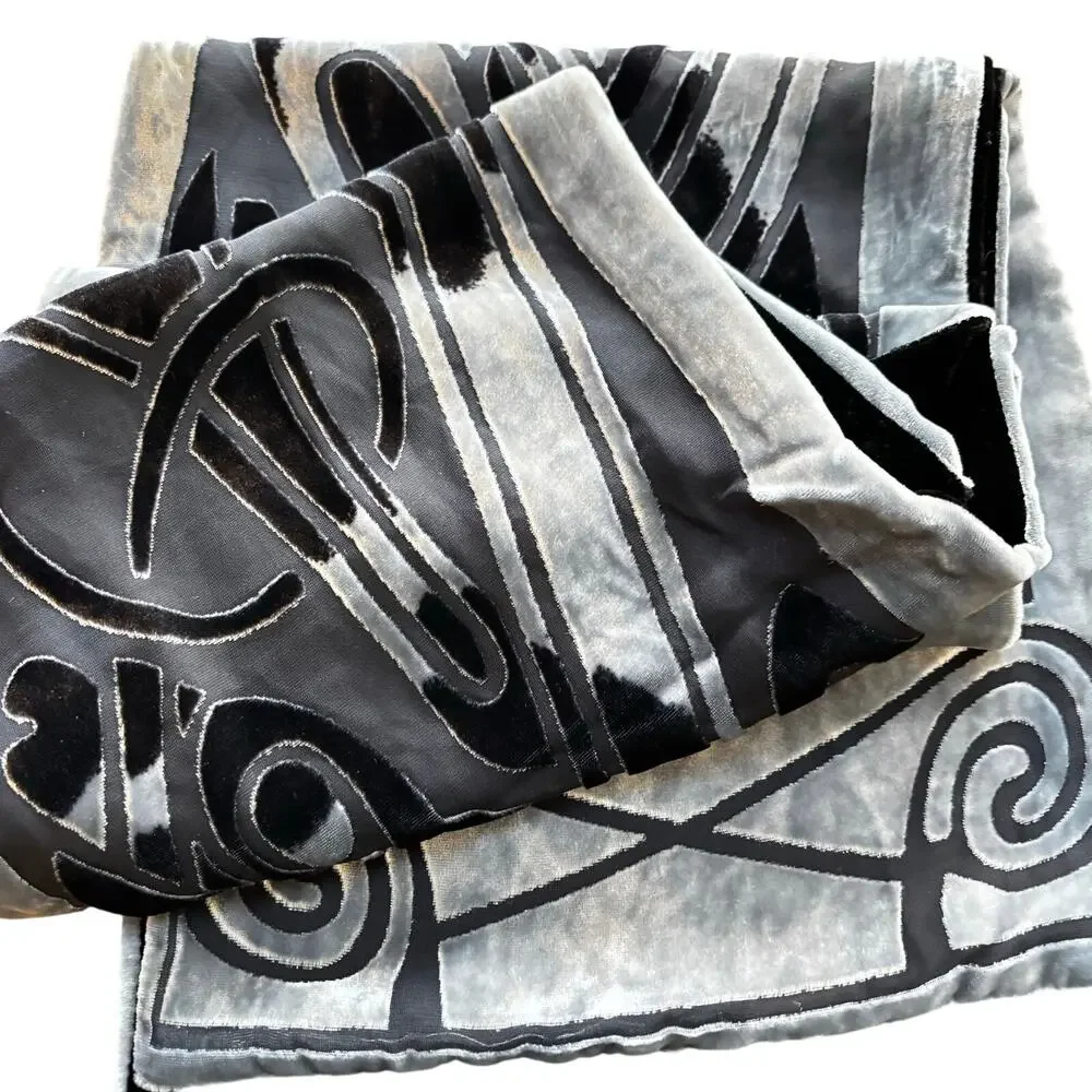 Velvet & Silk burnout style scarf wrap 2-side mod geometric black & silvery gray